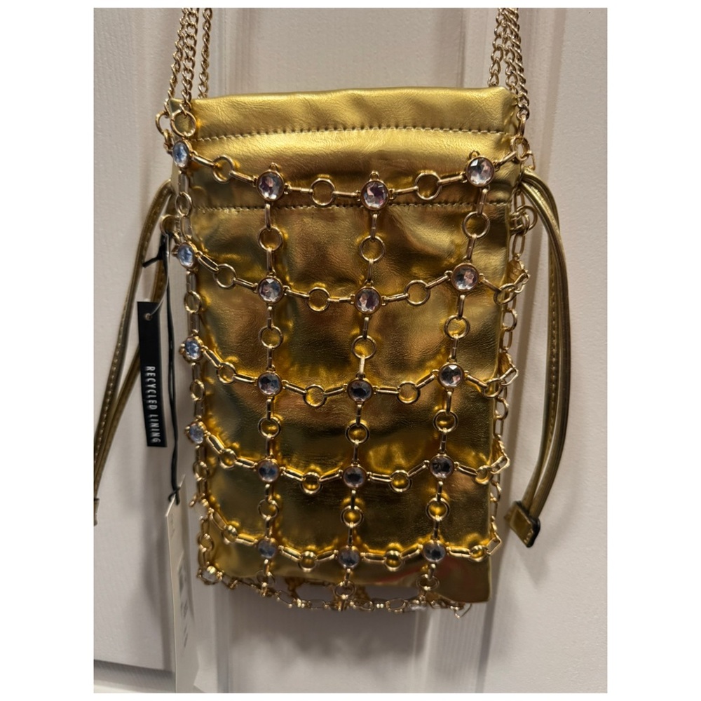 River Island 🫐 Gold Foil Crystal Diamond Chain Crossbody Evening Party Bag